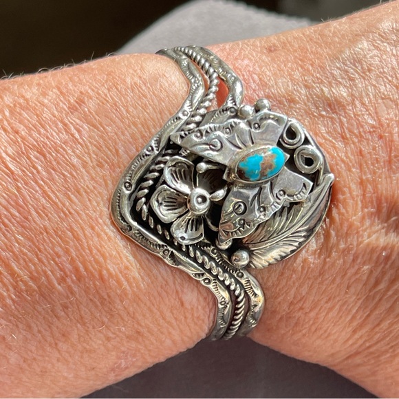 SOLD Jimmy F. Calabaza Signed Turquoise Sterling Silver Butterfly Kewa Bracelet - Picture 10 of 13